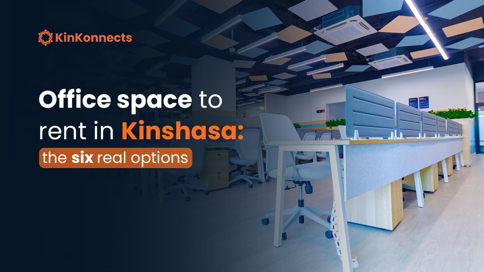 Open plan desks on the KinKonnects floor in Kinshasa, under the title: office space to rent in Kinshasa, the six real options